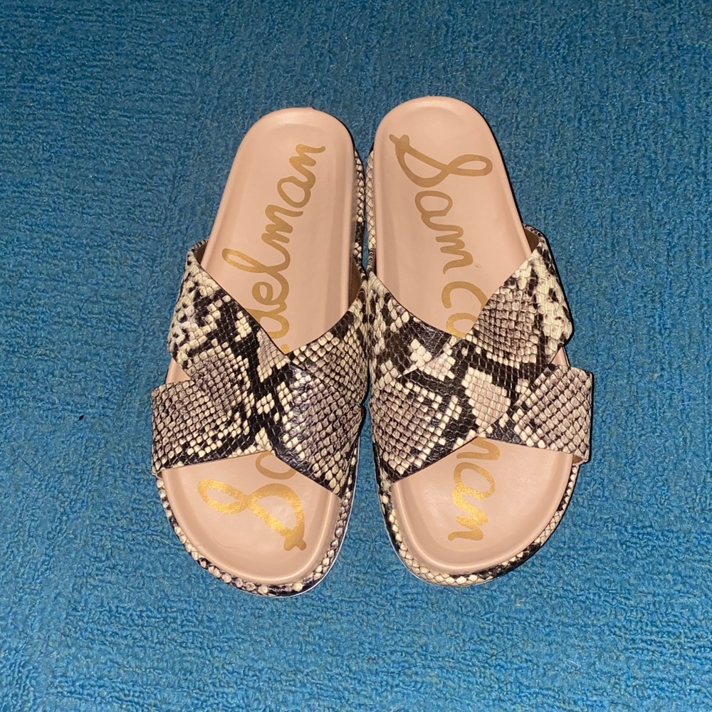 Sam Edelman Snake Print Slide Sandals in Black and Cream